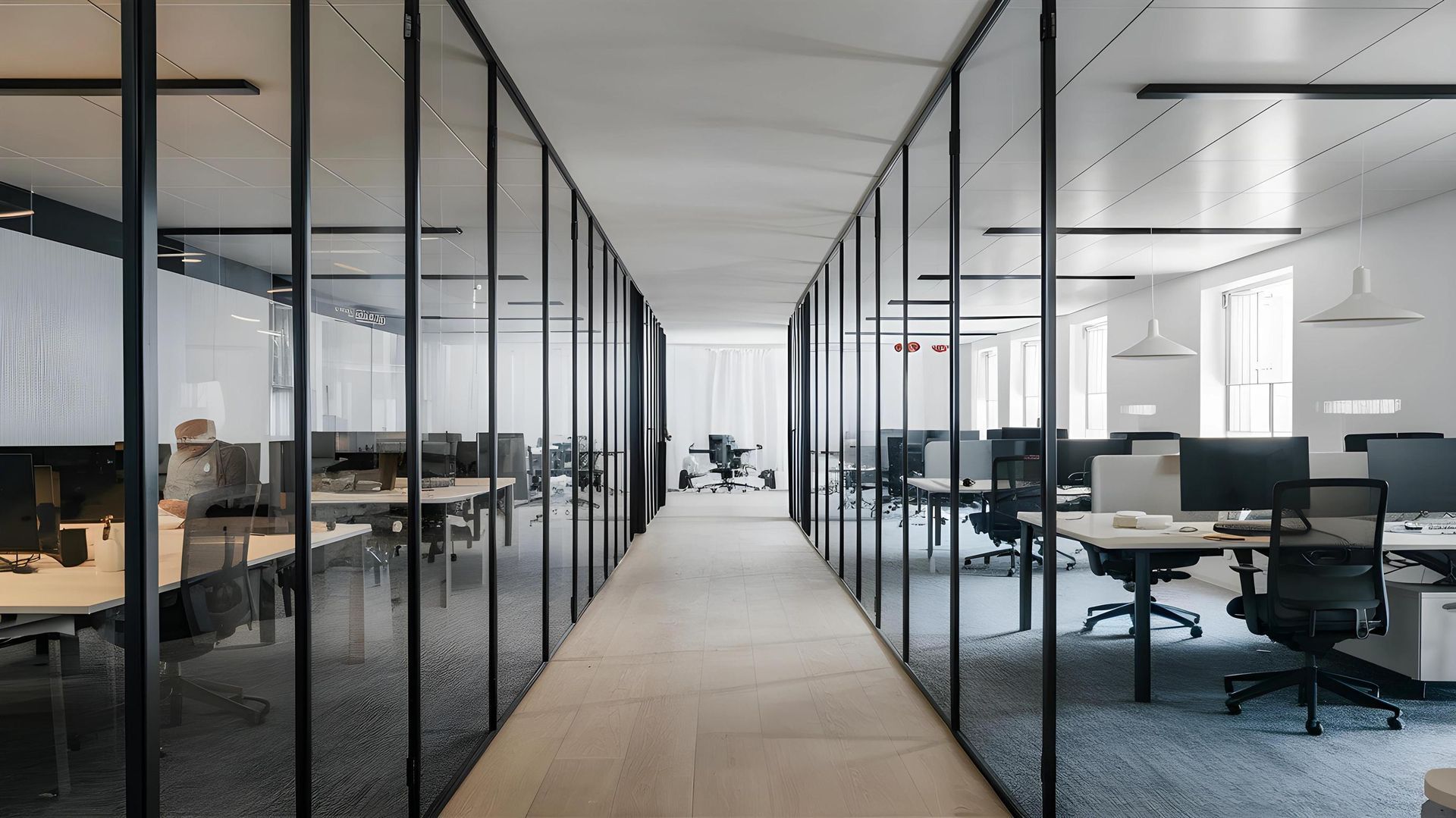 Modern open-plan office with glass walls, desks, and chairs along a long central hallway