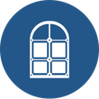 A white icon of a window in a blue circle.