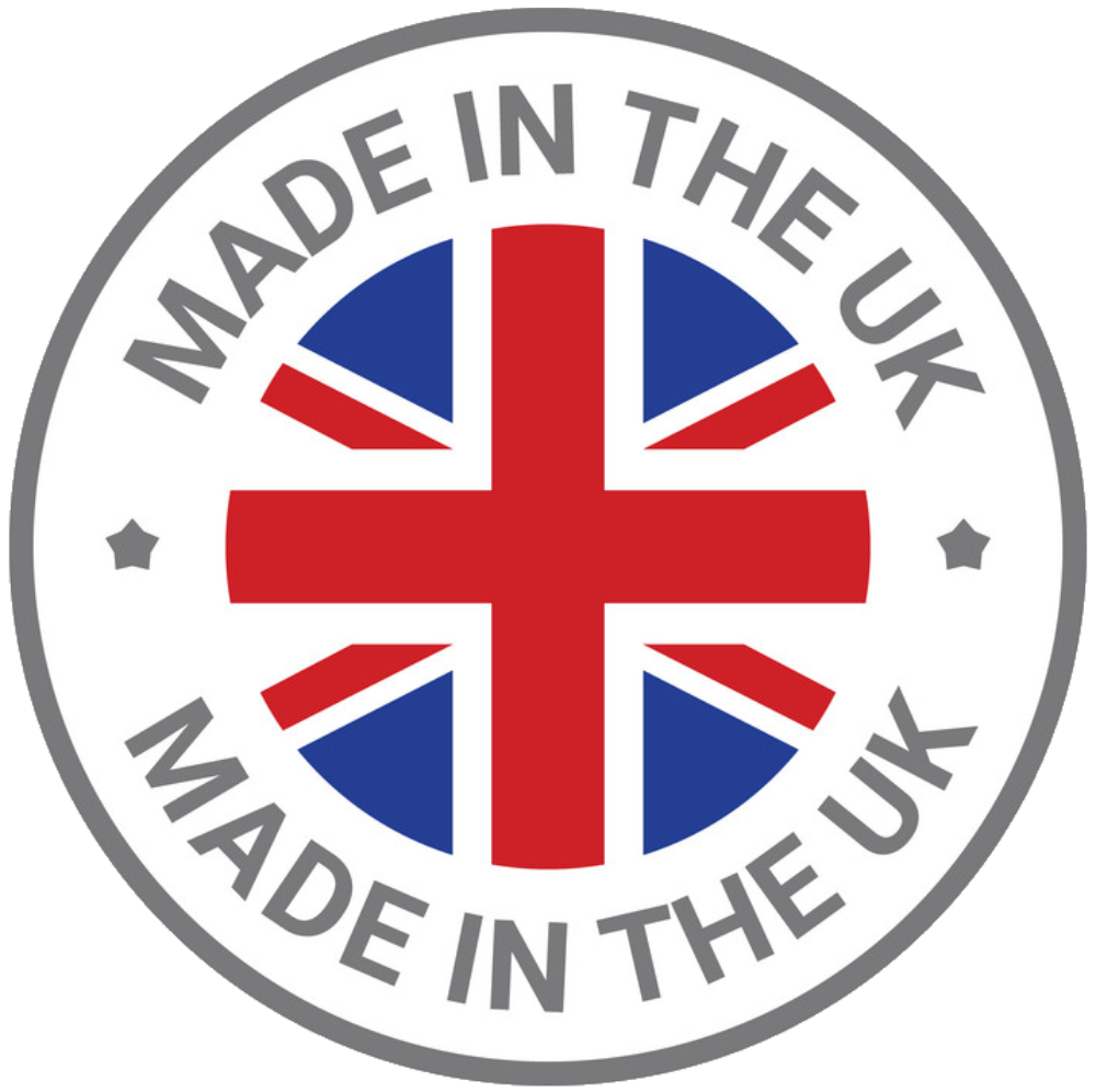 A made in the uk logo with a british flag on it.