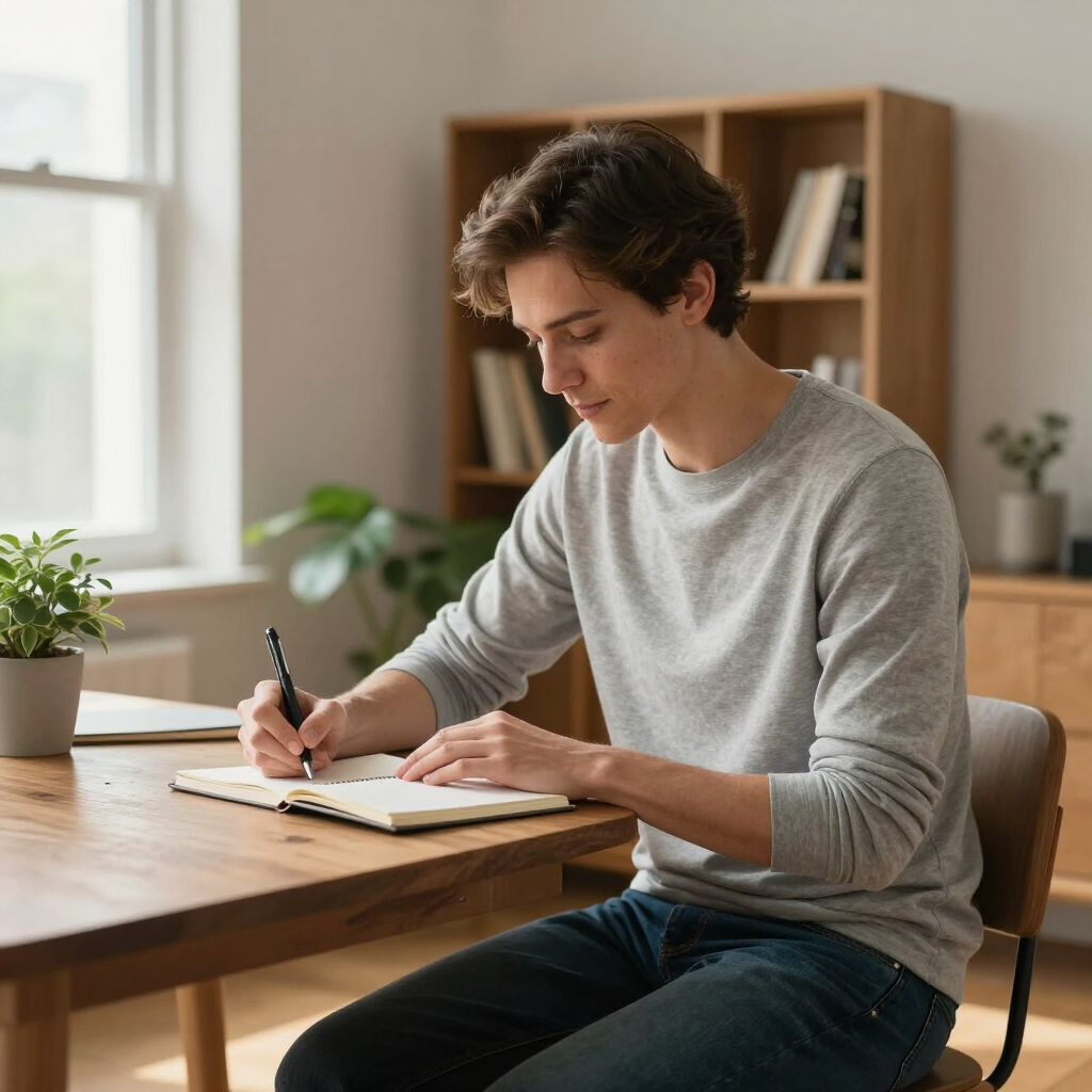 person sitting at des calmly writing