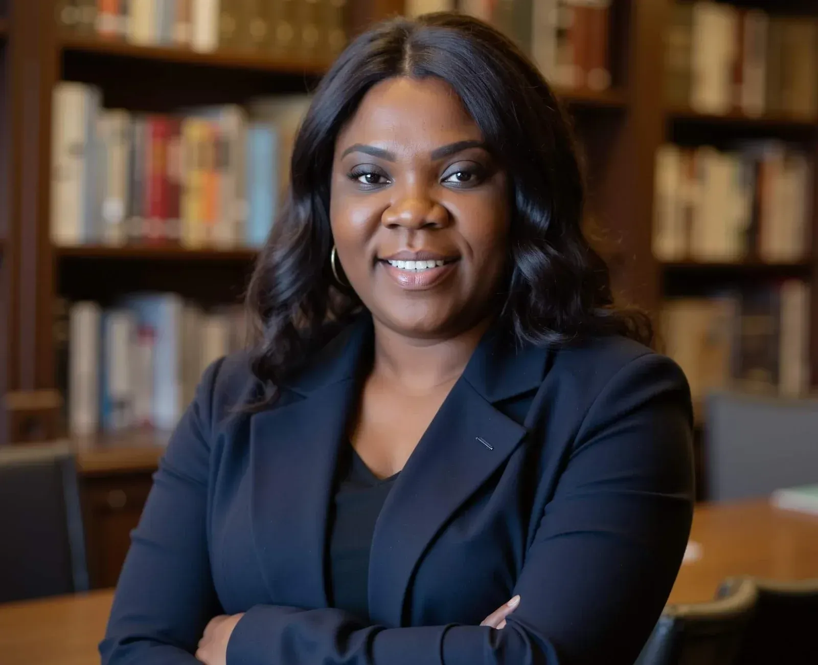 Portrait of a smiling professional in a dark blazer, arms crossed, standing in a library with bookshelves behind.