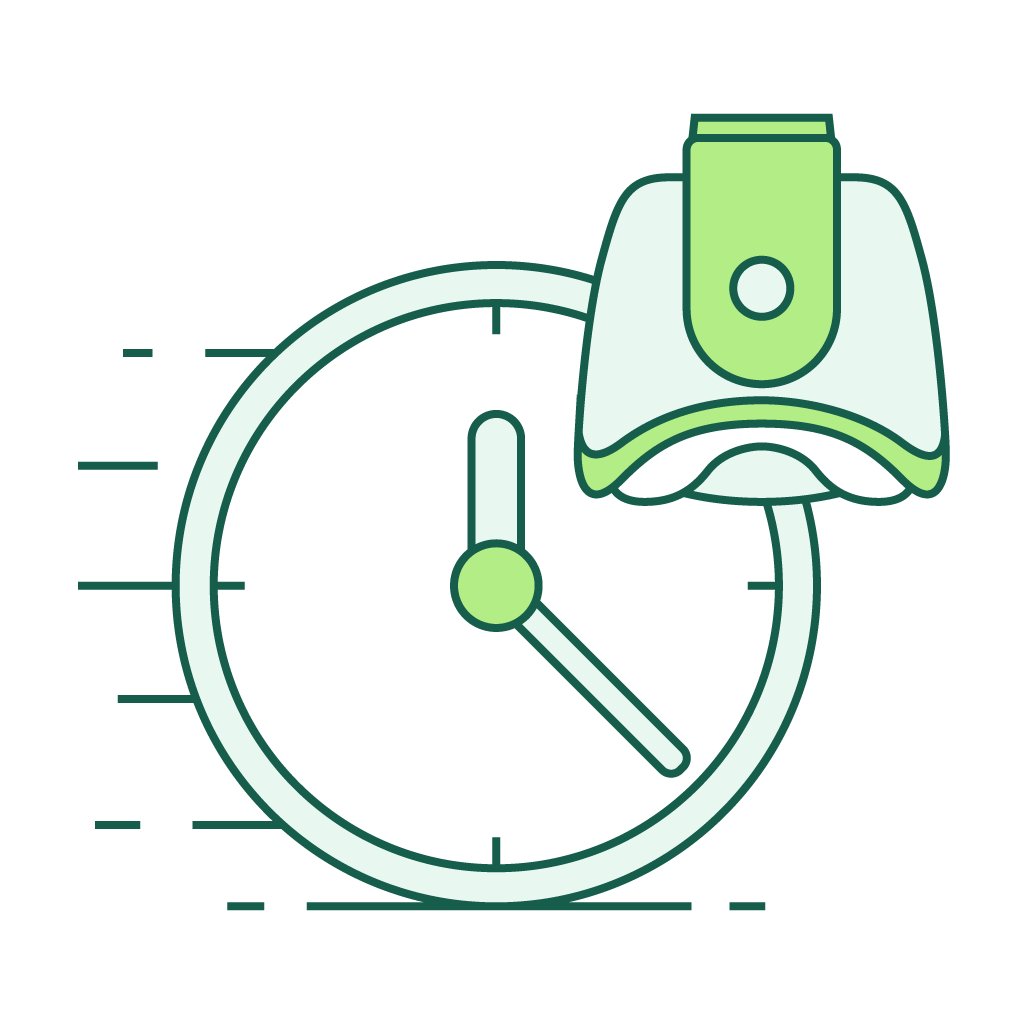 Green alarm clock with a small clock bell icon, indicating time or schedule.