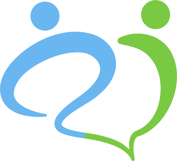 Blue and green abstract human figures forming a connected heart shape