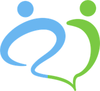 Blue and green abstract human figures reaching toward each other, forming a heart shape
