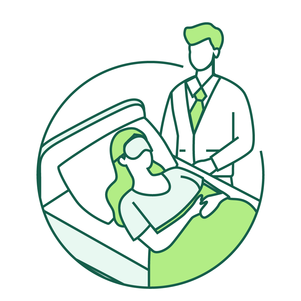 Doctor standing beside a patient in a hospital bed, shown in green line art.