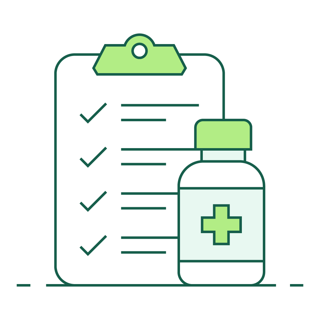 Green medical checklist with a pill bottle and first-aid cross icon