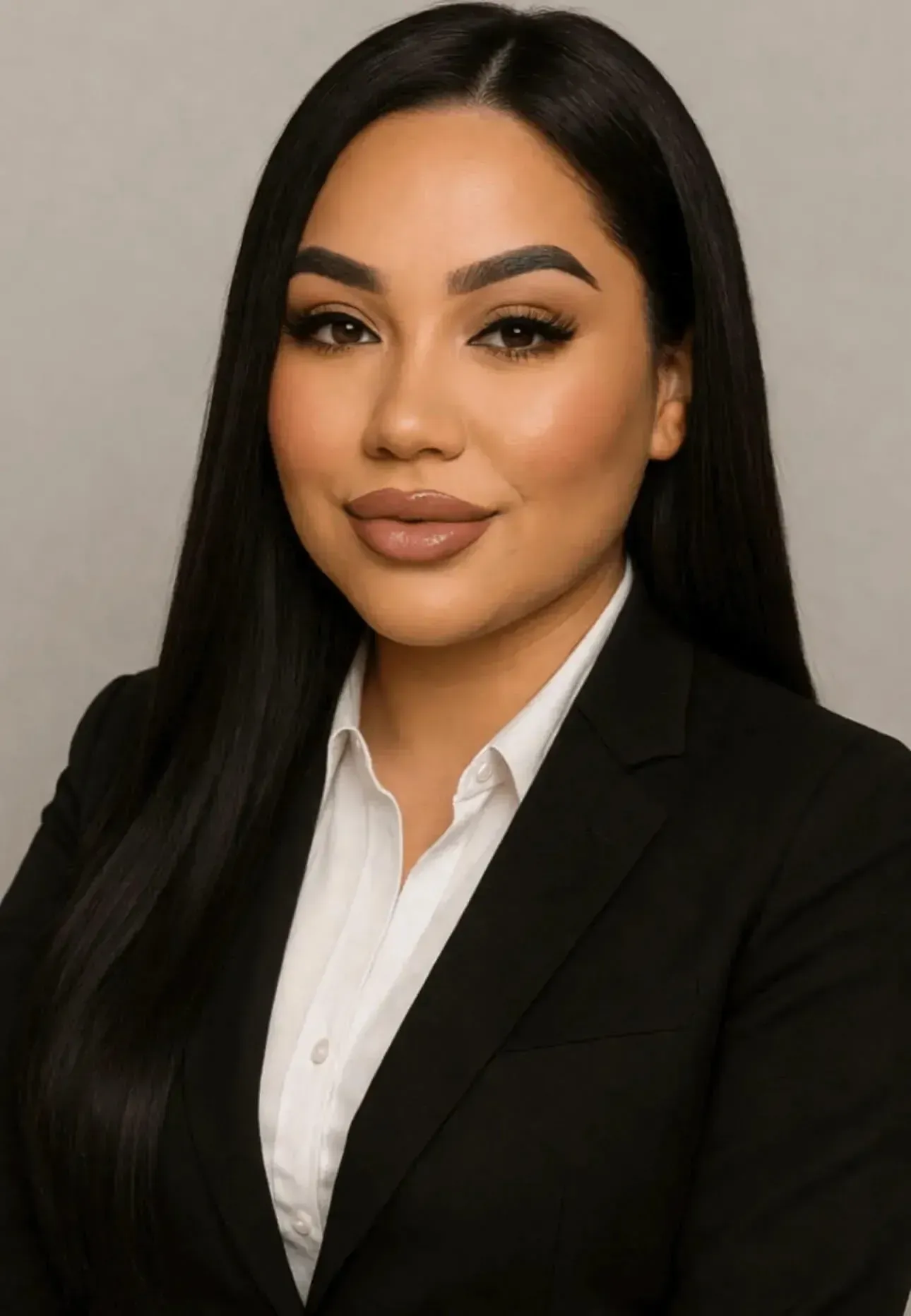 Portrait of a woman in a black blazer and white shirt against a neutral background