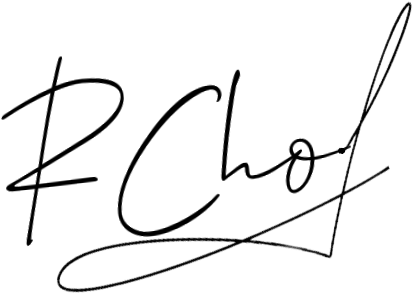Stylized black handwritten signature reading “R. Cho” on a white background