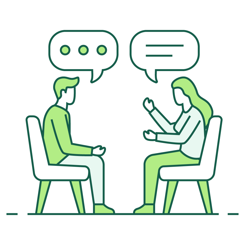 Two people seated in chairs talking, with speech bubbles above them on a white background.