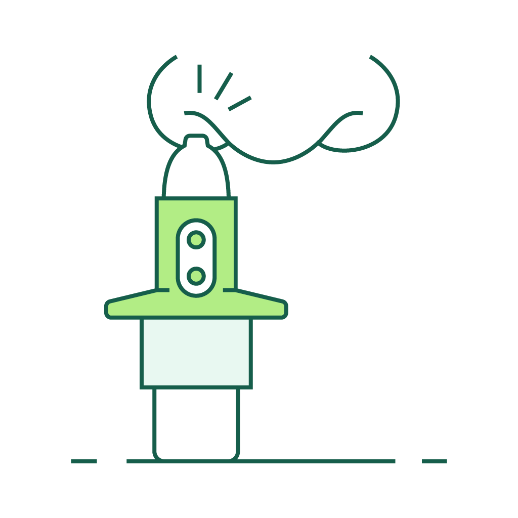 Green and white hand sanitizer dispenser with a cloud-like puff above it on a plain background