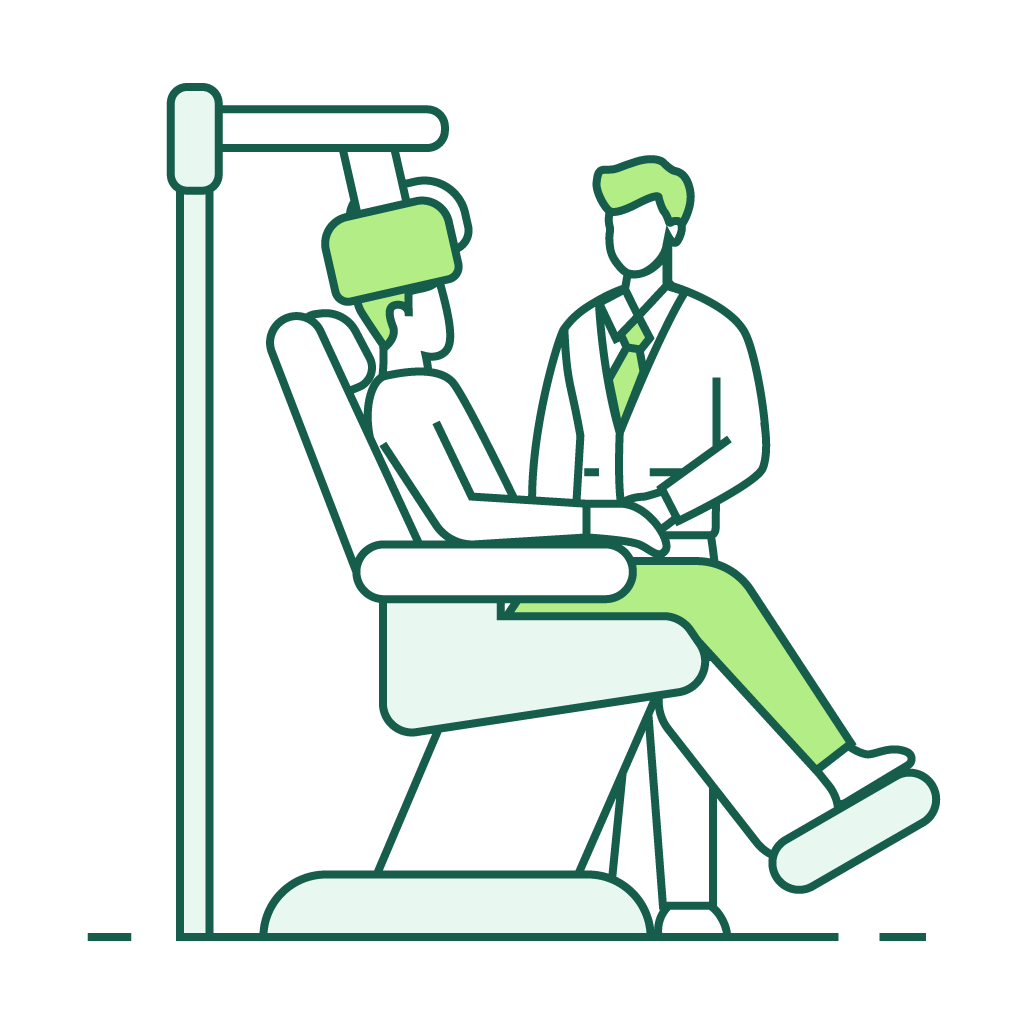Dentist examining a patient in a dental chair, green line illustration