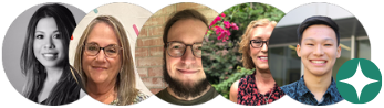 Five overlapping circular profile photos with a teal sparkle icon on the right