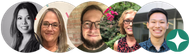 Five overlapping circular profile photos with a teal sparkle icon on the right