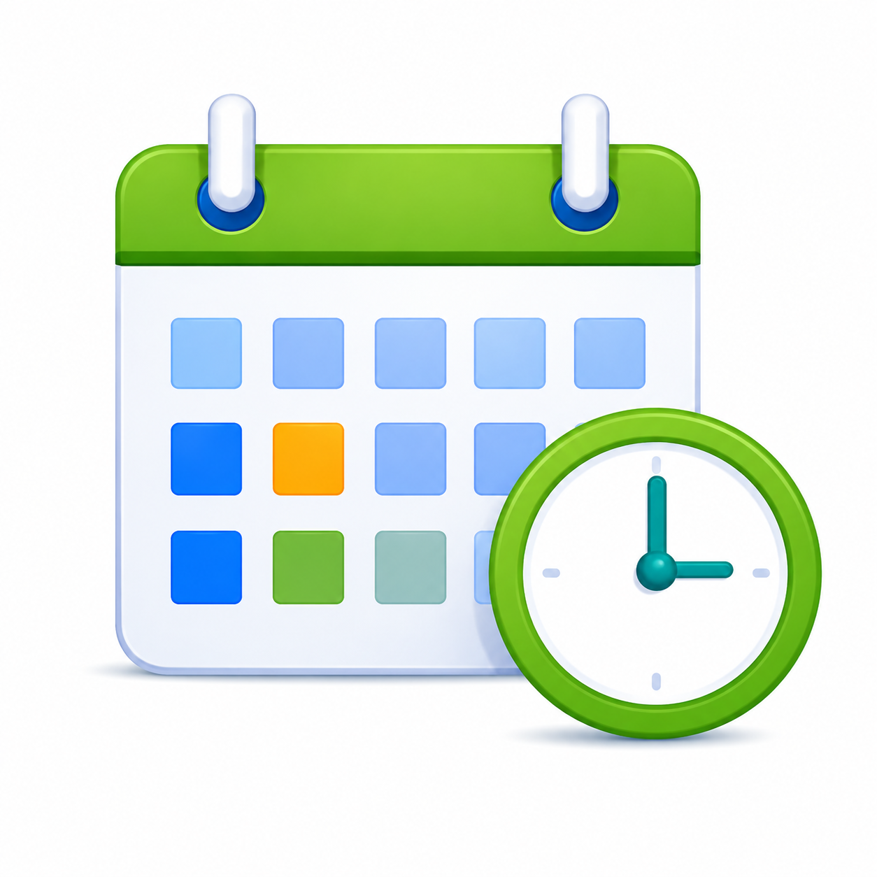 Green calendar with clock icon, suggesting a schedule or time management app.