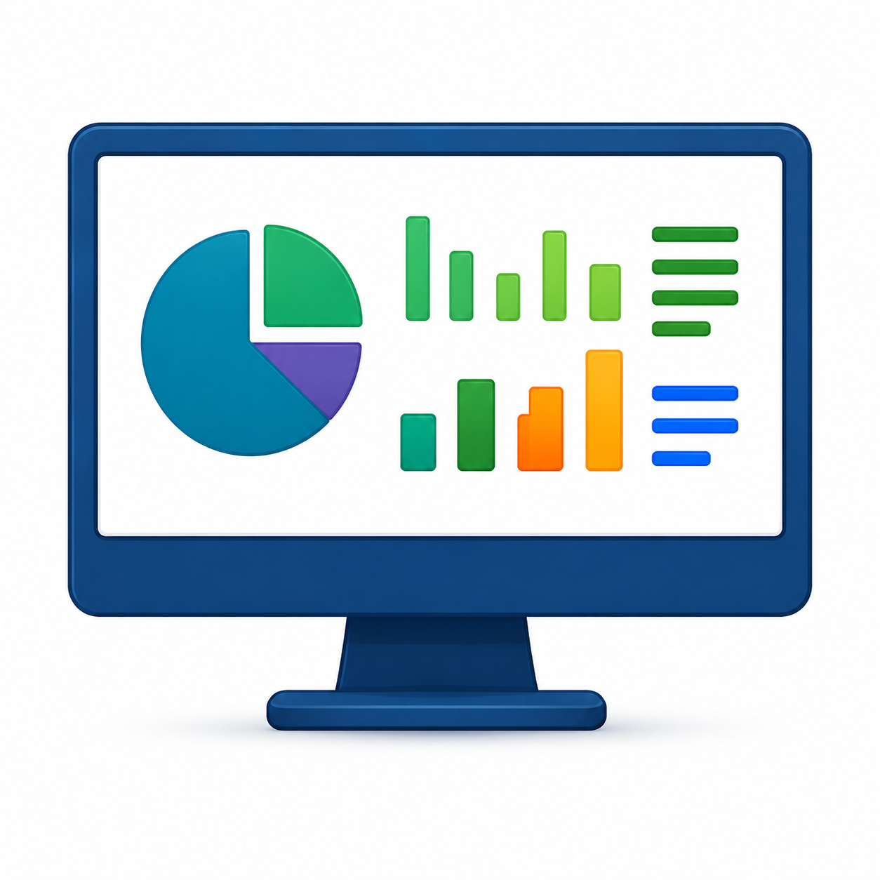 Dashboard on a monitor with pie chart, bar graphs, and list icons in teal and green