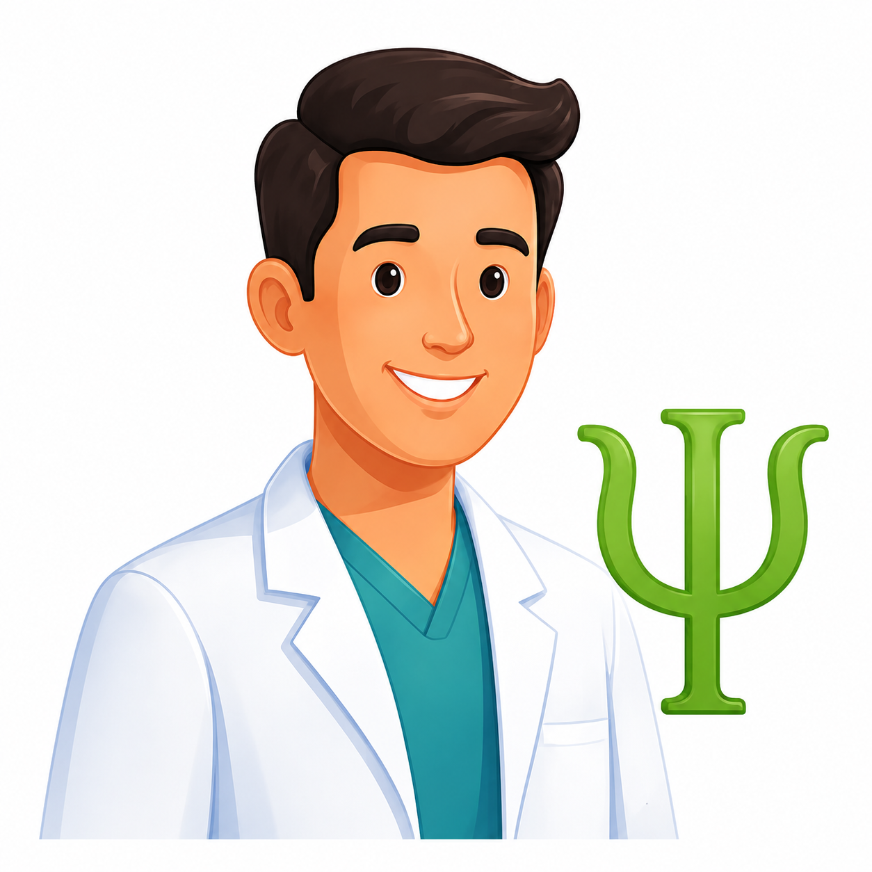 Psychologist avatar in a white coat with a green psi symbol on a dark green circle background