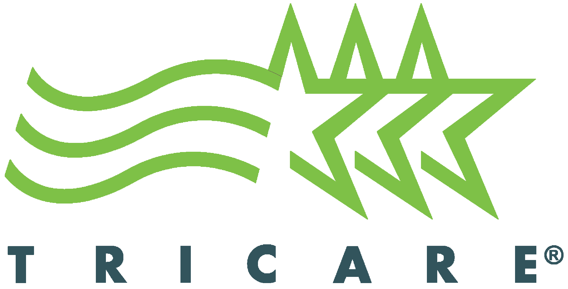 TRICARE logo with green stars, swooshing lines, and blue text on a white background
