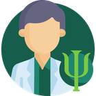 Anonymous psychologist icon in a white coat, with a green psi symbol on a teal circle background