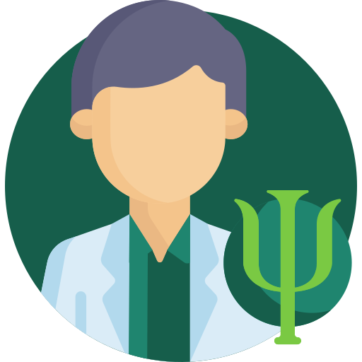 Illustration of a psychologist in a white coat with a green psi symbol on a dark green circle background