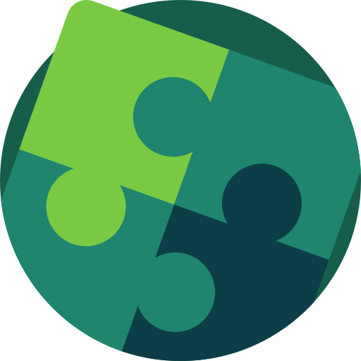 Green and teal puzzle-piece logo in a dark teal circle