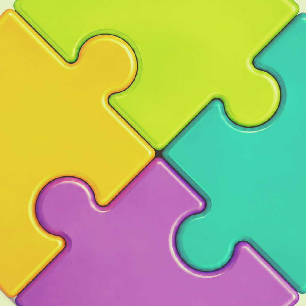 Green and teal puzzle pieces forming a circular icon