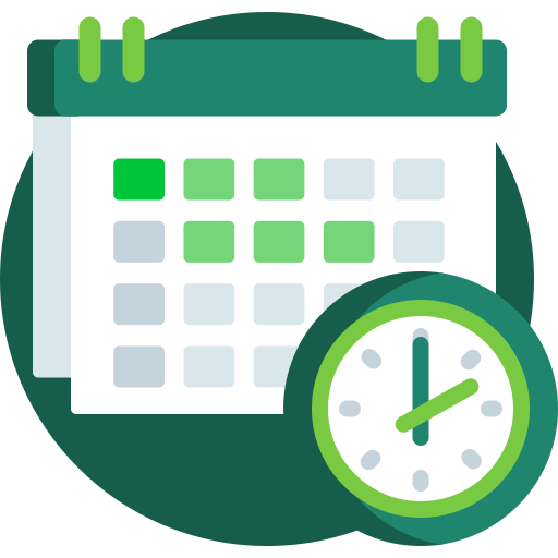 Green calendar with clock icon, suggesting scheduling or time management