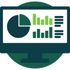 Dashboard screen with pie and bar charts in teal and green on a monitor icon