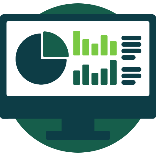 Dashboard icon on a monitor with pie and bar charts in teal and green