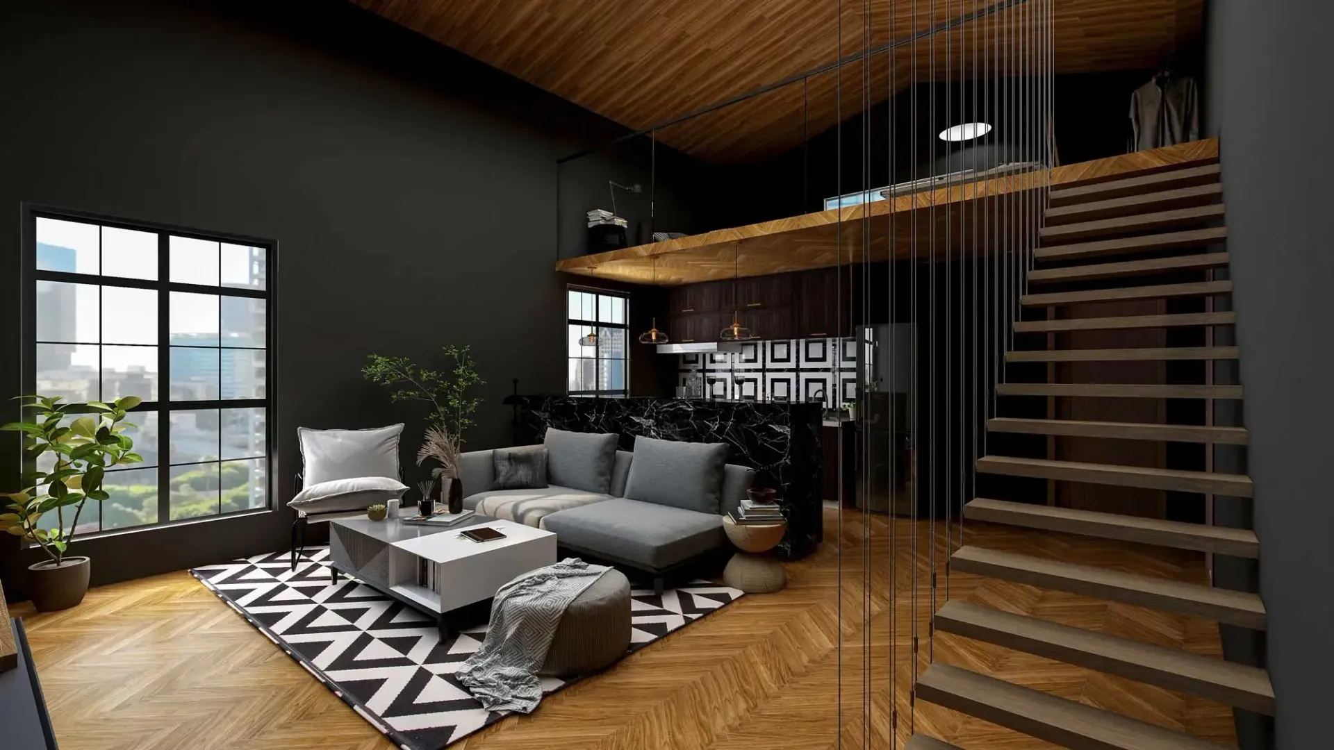 A living room with a couch , coffee table , rug and stairs.