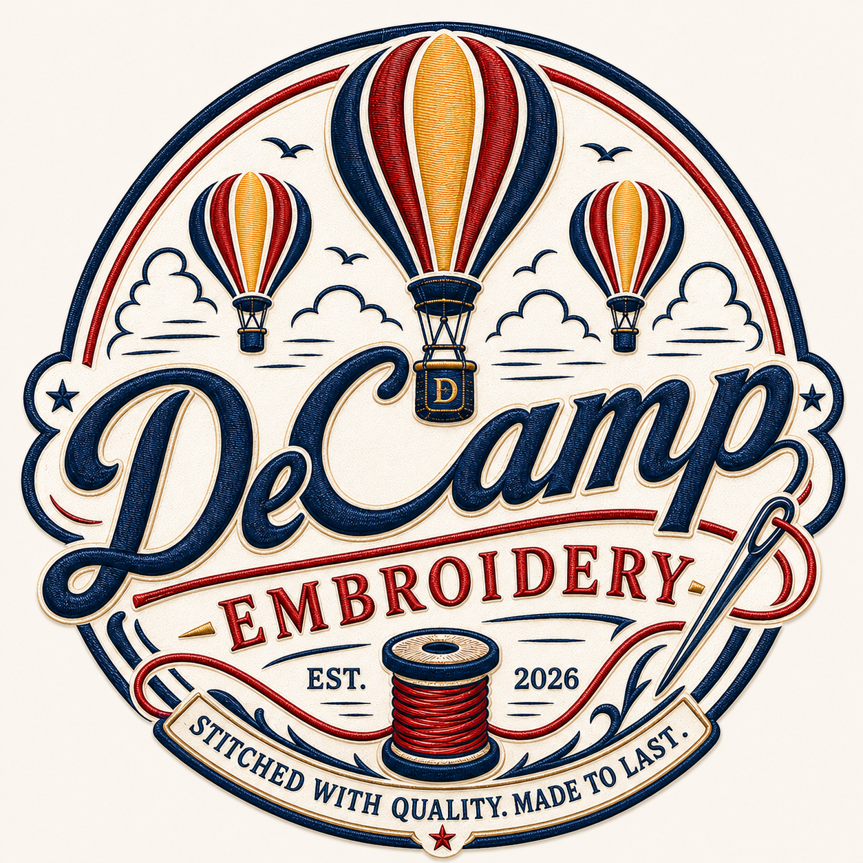 DeCamp Embroidery logo with hot air balloons, stars, and red and blue vintage-style lettering