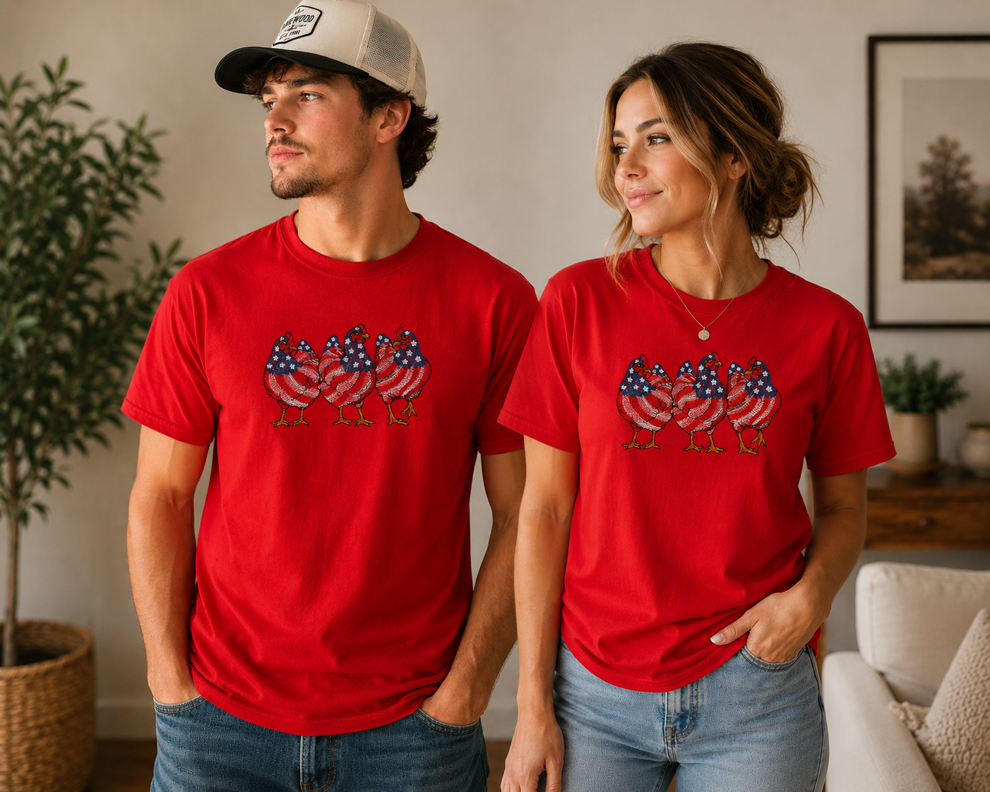 Two people in red T-shirts and jeans standing indoors in a living room.