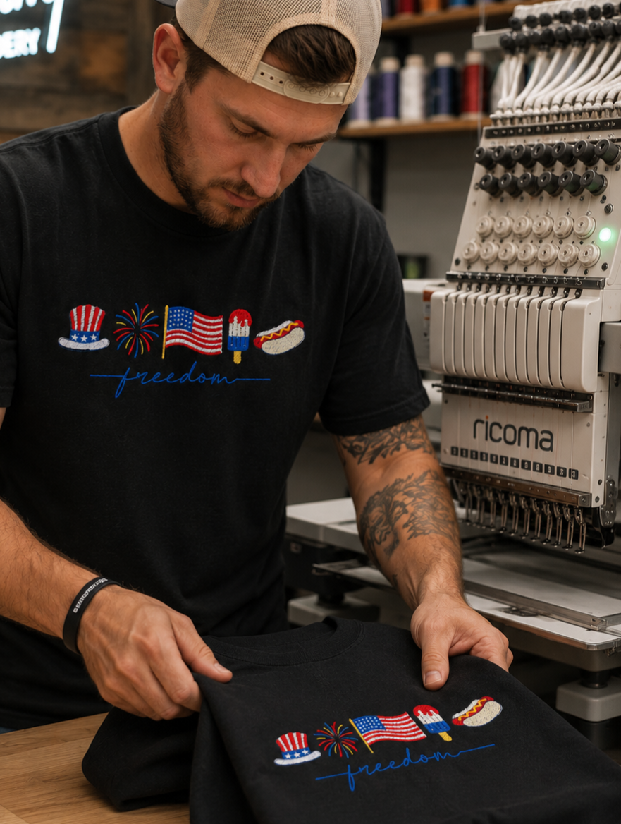 Man pressing a black T-shirt under embroidery machine, stitching a colorful design