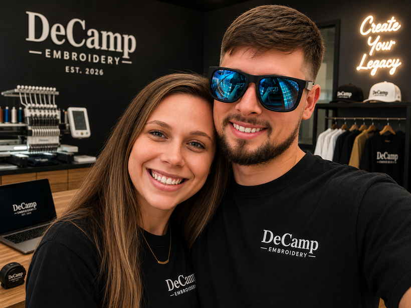 Two smiling people in black DeCamp Embroidery shirts standing in an embroidery shop