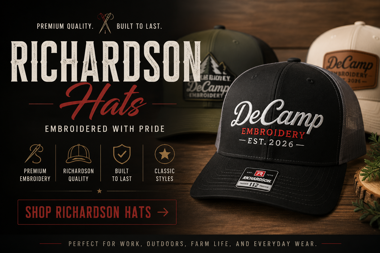 Richardson Hats ad with black DeCamp logo caps on a brown background and shop now text