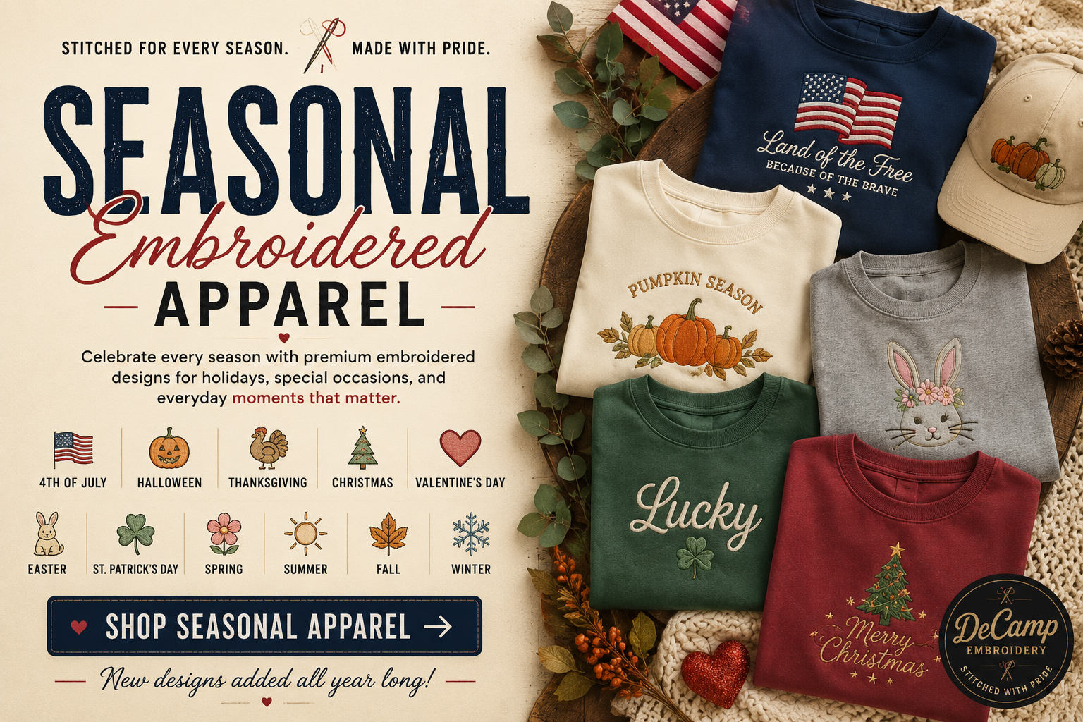 Seasonal embroidered apparel promo with holiday sweatshirts, shirts, hats, and autumn decor.
