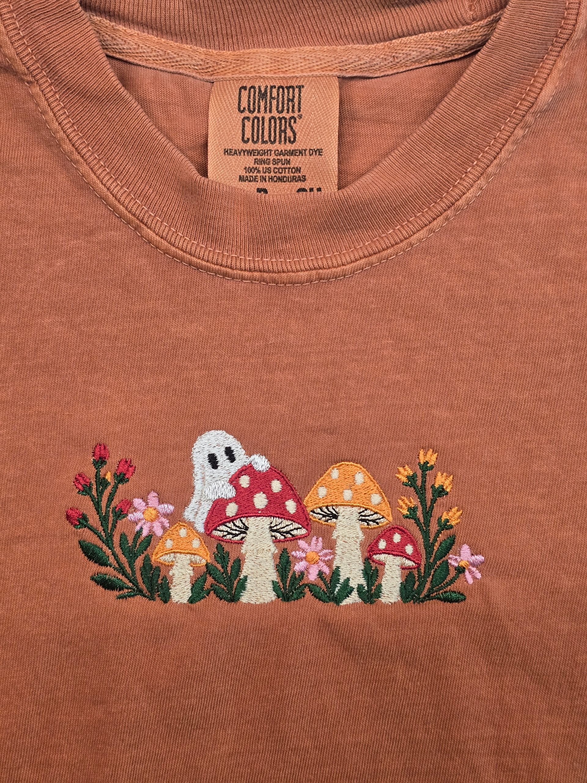 Ghost & Mushroom Embroidered T-Shirt – Fall Halloween Tee