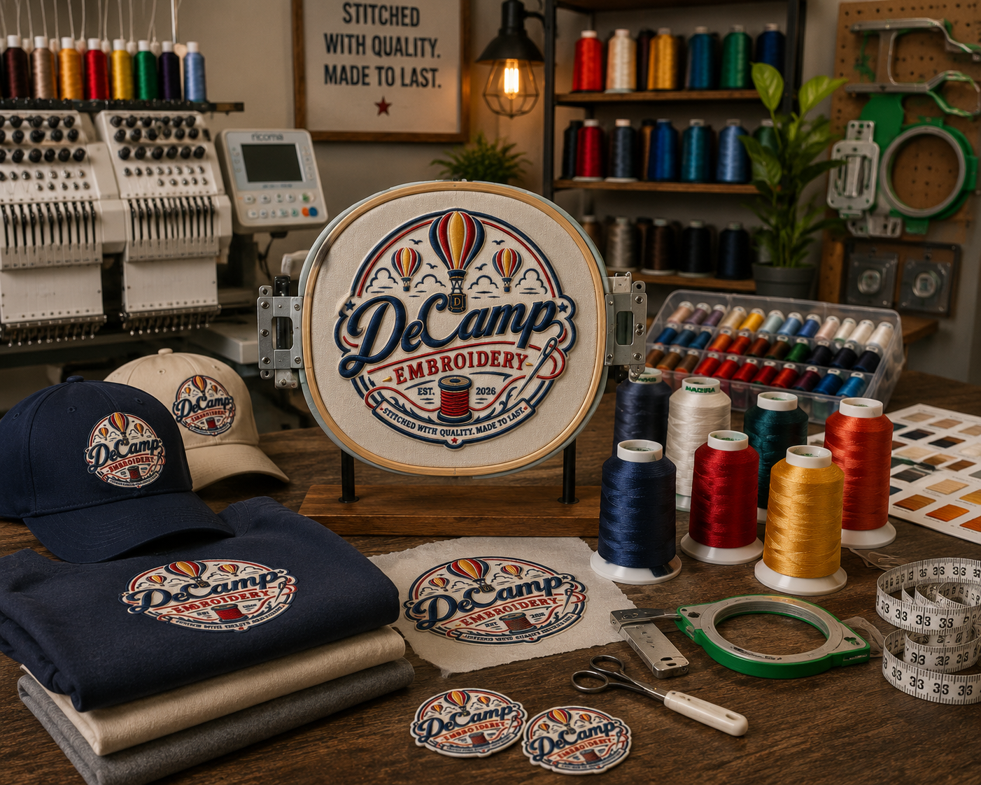 Embroidery shop display with OCamp logo patches, navy caps, folded shirts, and colorful thread spools.