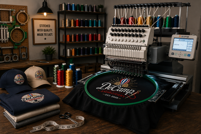 Custom embroidery shop with sewing machine, thread spools, hats, and a personalized hoop on a wooden desk
