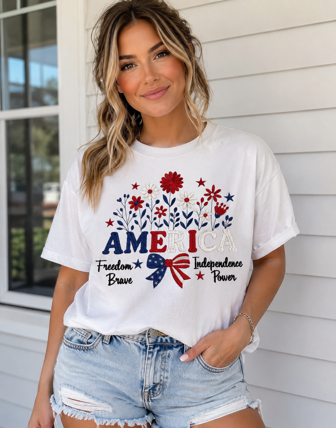 Woman in white patriotic T-shirt and denim shorts standing on a porch, smiling.