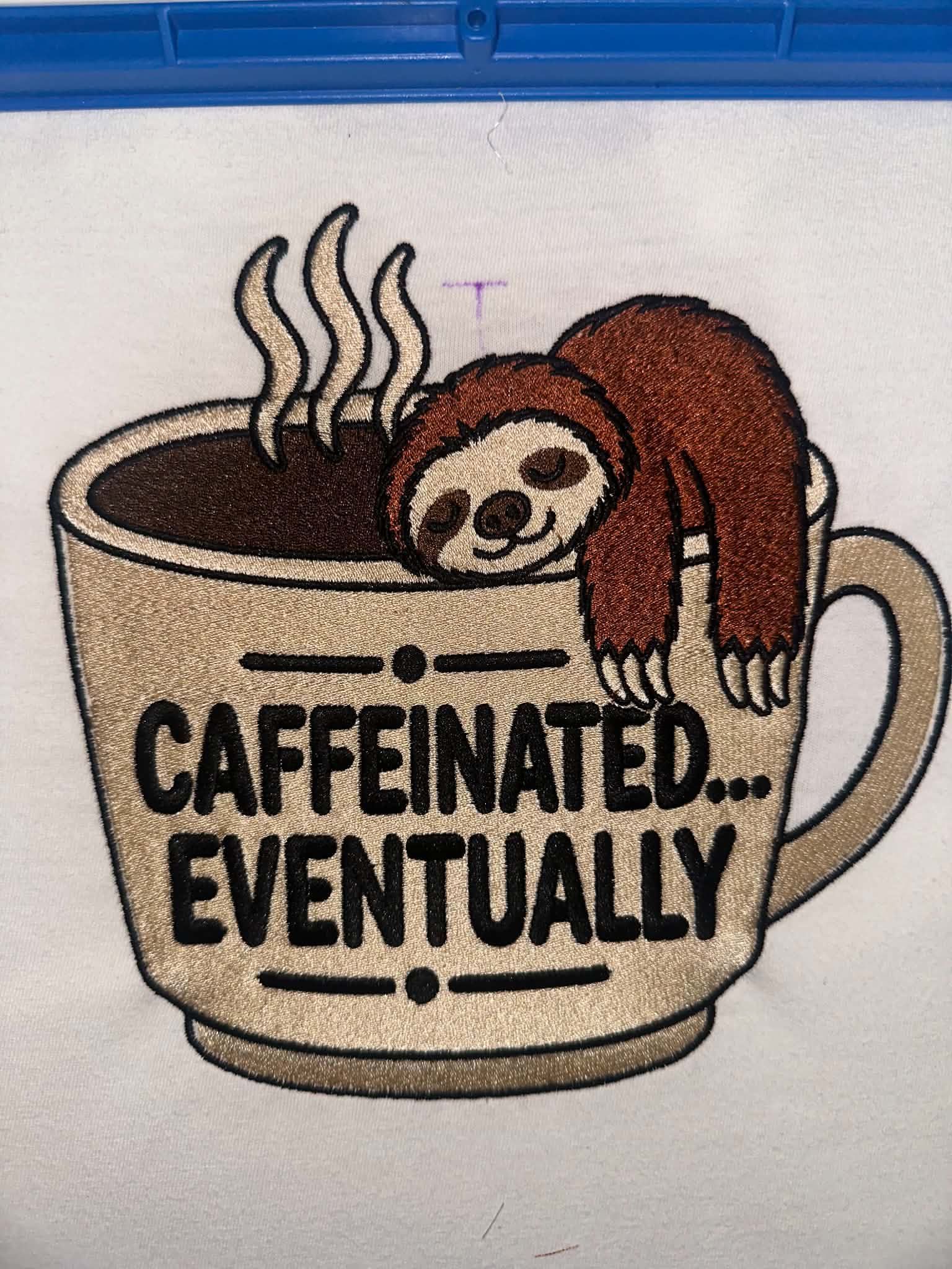 Caffeinated Eventually Sloth – Embroidered Comfort Colors T-Shirt