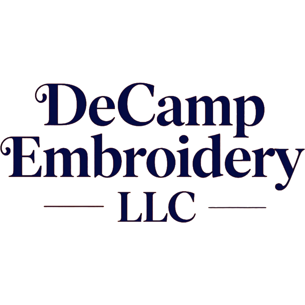 DeCamp Embroidery LLC logo in dark blue serif text with thin decorative lines on a white background