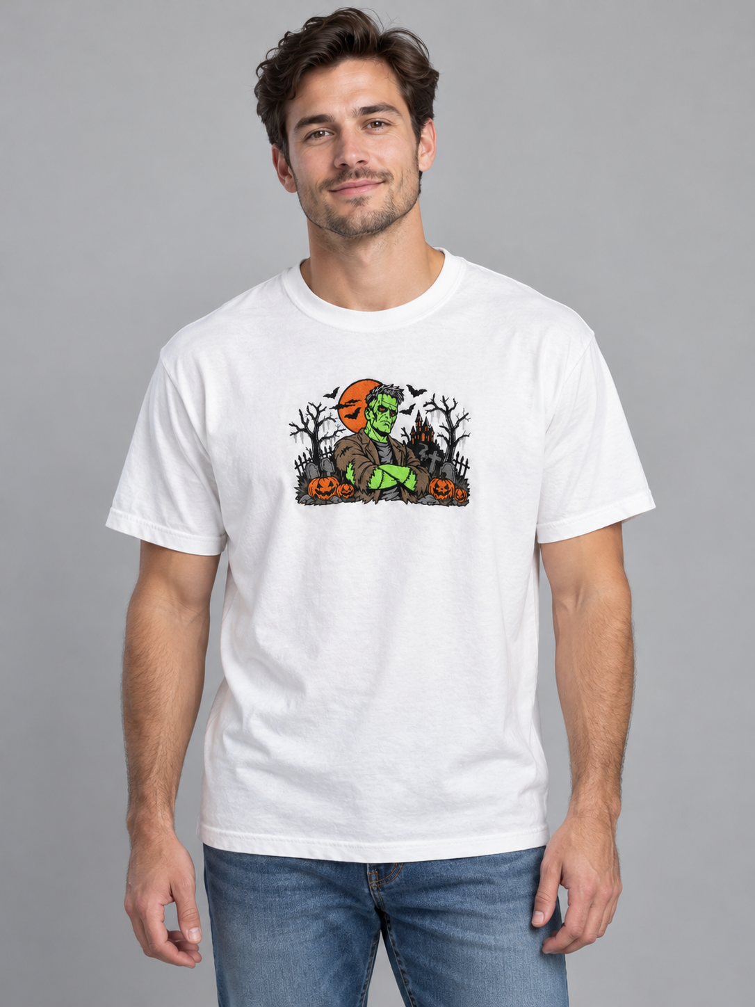 Glow-in-the-Dark Frankenstein Embroidered T-Shirt | DeCamp Embroidery