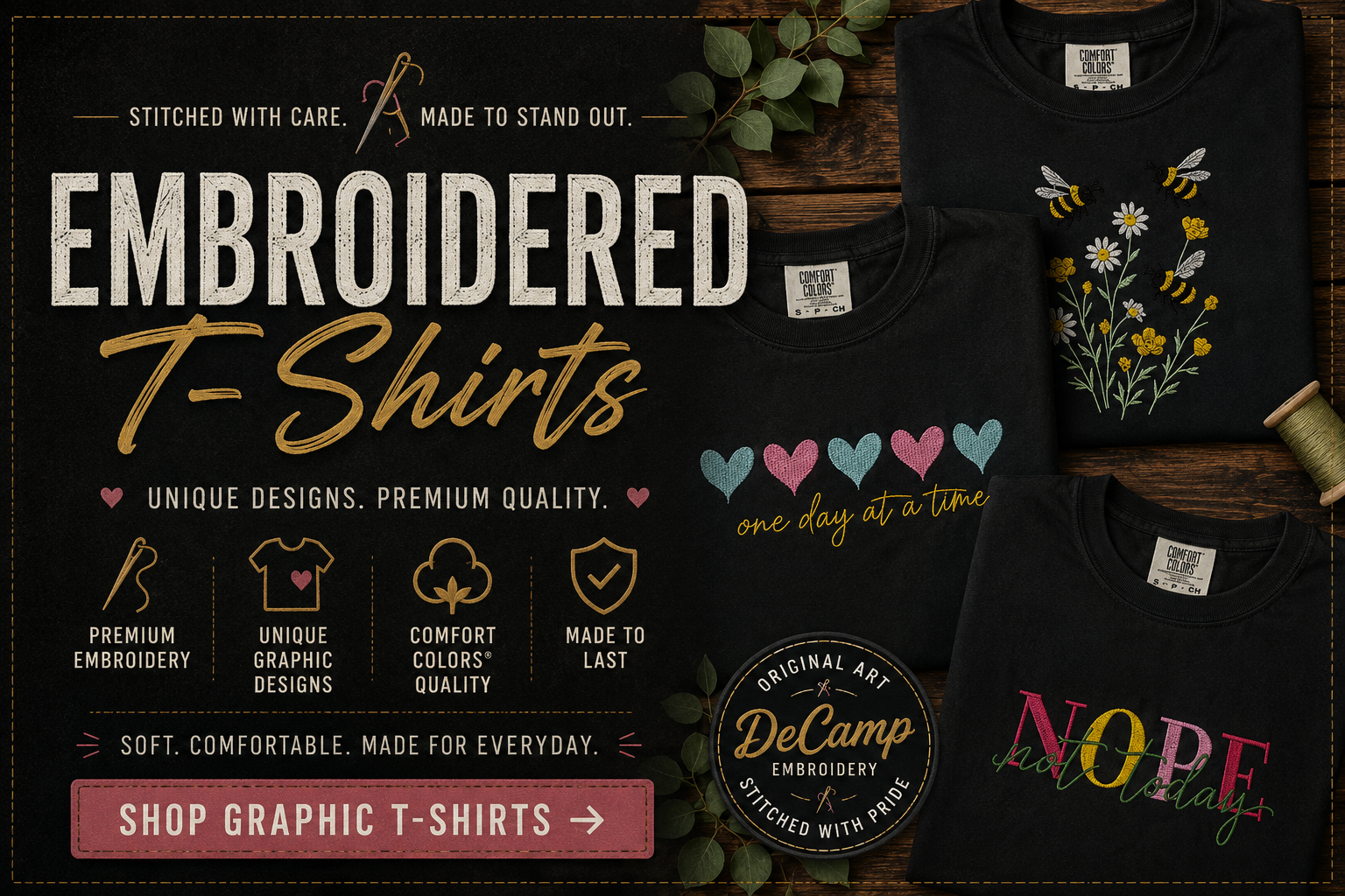 Graphic ad for embroidered T-shirts with floral, heart, and text designs on black shirts, featuring a “Shop Graphic T-Shirts” button