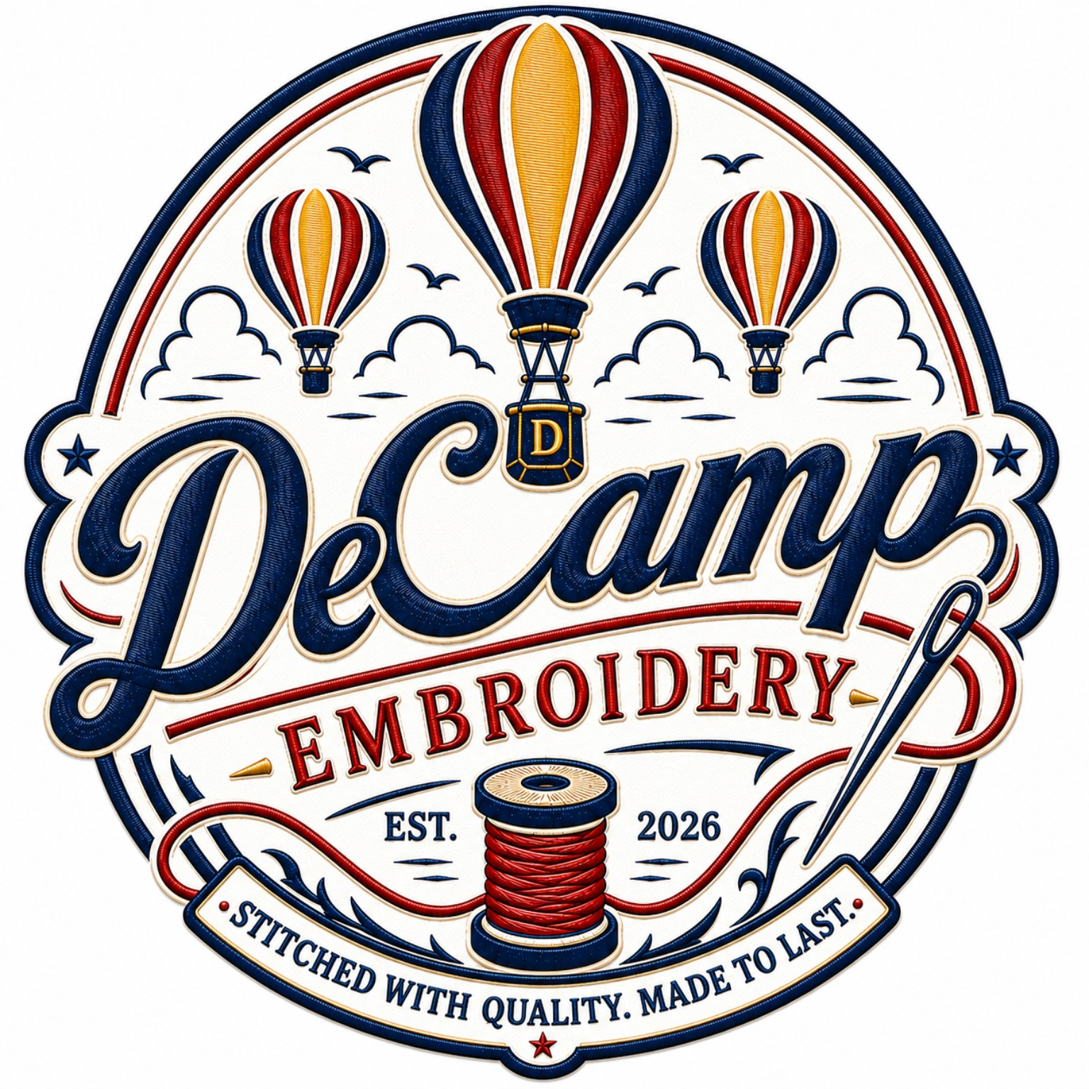 DeCamp Embroidery LLC logo in dark blue serif text with thin decorative lines on a white background
