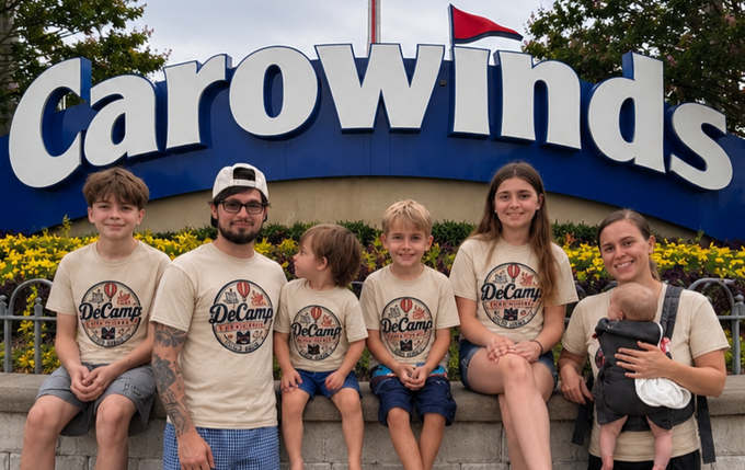 Five people in matching shirts sitting in front of the Carowinds sign, smiling at the camera.