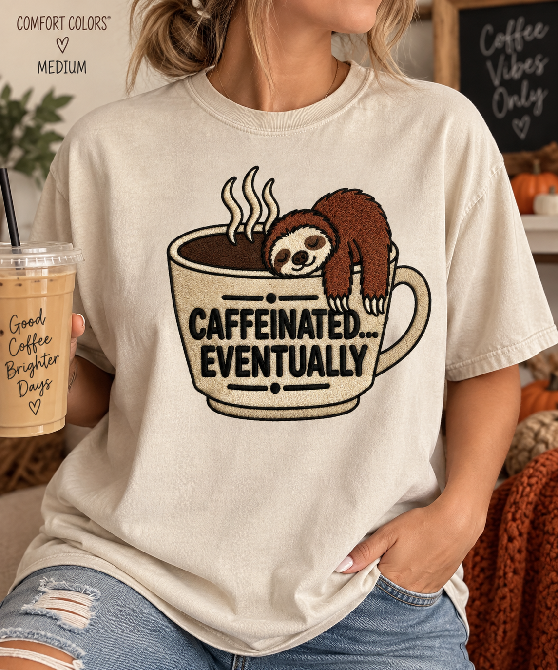 Caffeinated Eventually Sloth – Embroidered Comfort Colors T-Shirt