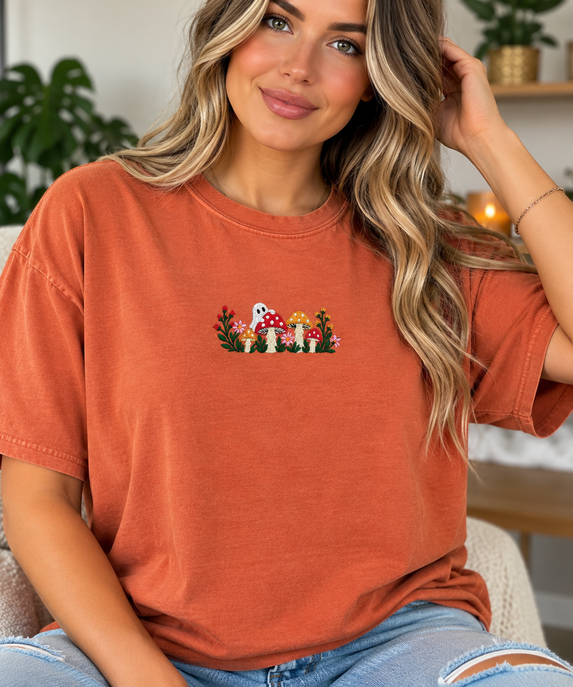 Ghost & Mushroom Embroidered T-Shirt – Fall Halloween Tee