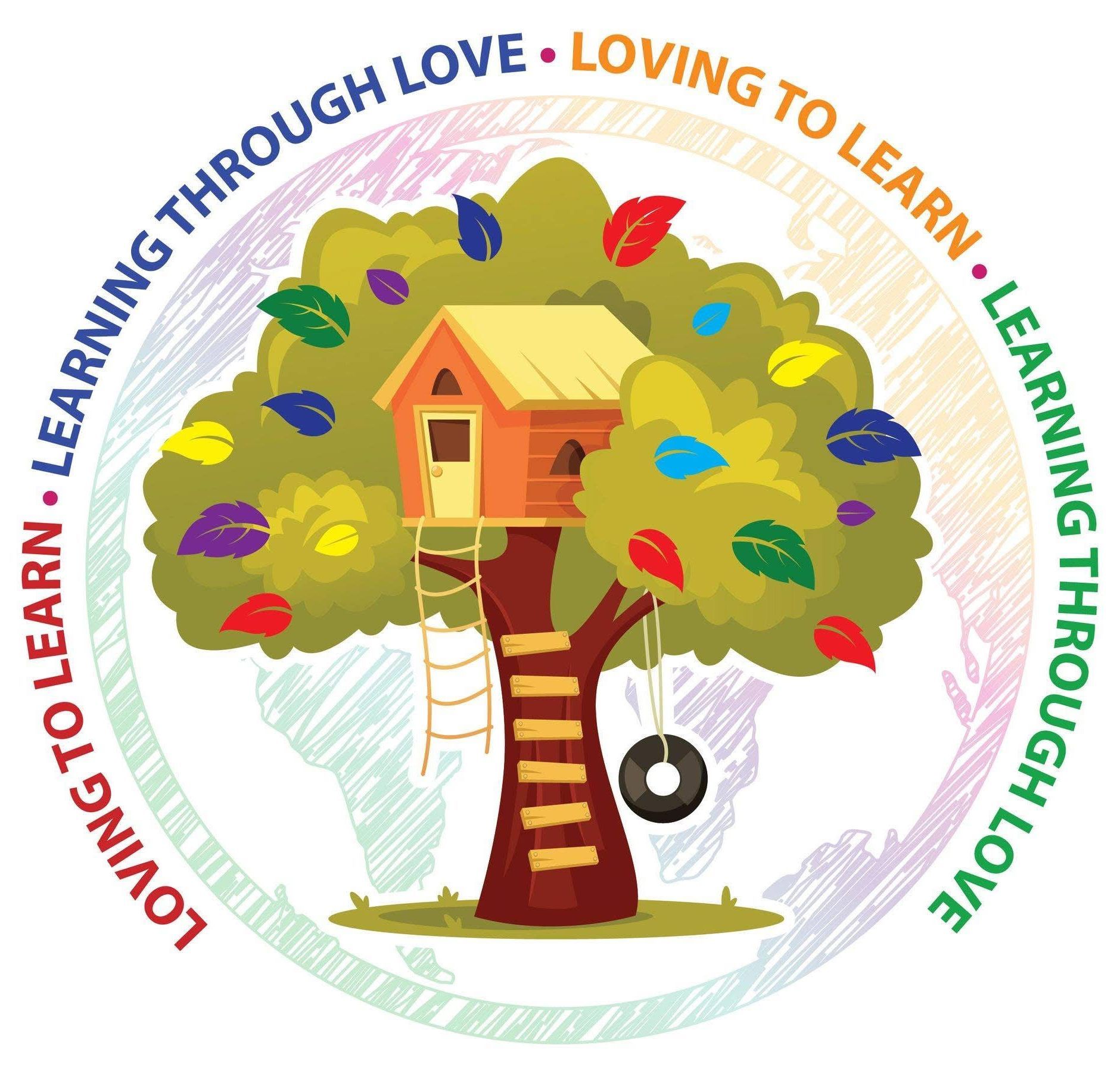 Tree with a treehouse and tire swing, surrounded by