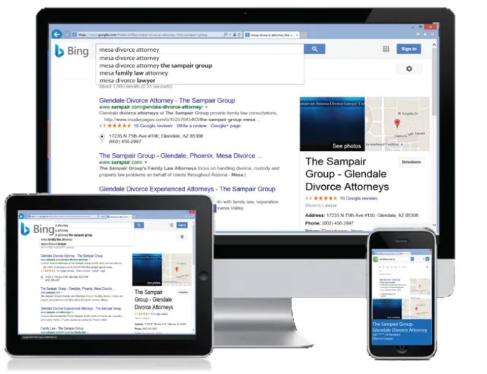 A computer , tablet , and cell phone are all open to bing