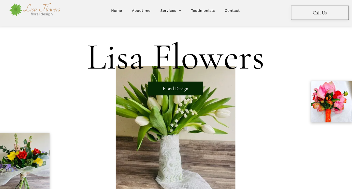 A website for lisa flowers shows a vase filled with flowers.